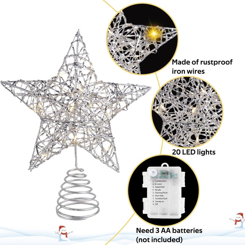 AUMAYCO Christmas Silver Star Tree Toppers Metal Lighted with 20 LED Lights, Remote Control Star Tree Topper for Christmas Tree Decorations and Xmas Holiday Seasonal Décor, 11.8 x 9.5 Inch - Image 3
